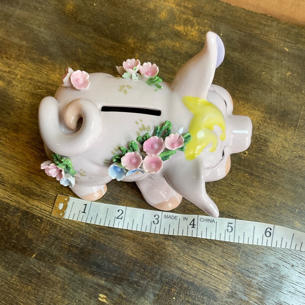 Vintage Lefton China Piggy Bank Pink Pig w/ Applied Flowers Hand Painted Japan - Picture 7 of 10